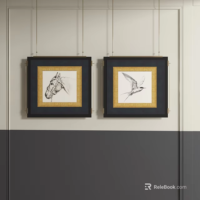 Abstract Animal Paintings with Black Frames and Gold Borders Hanging on Grey White Wall 3d model 