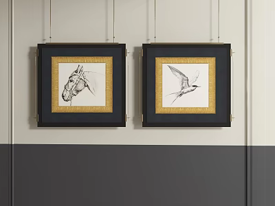 Abstract Animal Paintings with Black Frames and Gold Borders Hanging on Grey White Wall 3d model