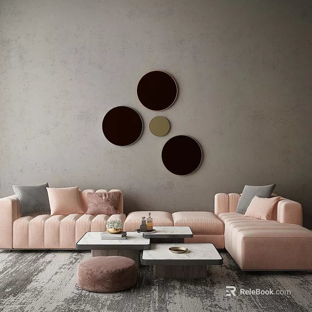 Modern Light Pink Sofa Coffee Table Set With Cushions And Circular Wall Decor In Interior 3d model
