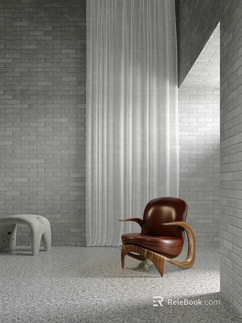 Brown Leather Lounge Chair With Gray Brick Wall White Curtain And White Small Stool 3d model 