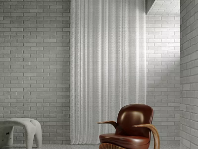 Brown Leather Lounge Chair With Gray Brick Wall White Curtain And White Small Stool 3d model
