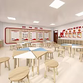 School Classroom With Red Flags Slogan Board Tables Stools And Bright Windows 3d model