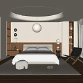 Modern Bedroom Interior With Wooden Headboard Pendant Light Accent Chair And Cozy Rug