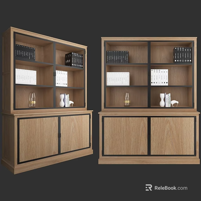 Wooden Storage Cabinet With Multiple Shelves Books Calendar And Decorative Items 3d model 