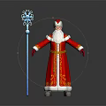 Santa Claus Wearing Red Robe with Golden Decorations Holding Blue Snowflake Staff on Gray Background