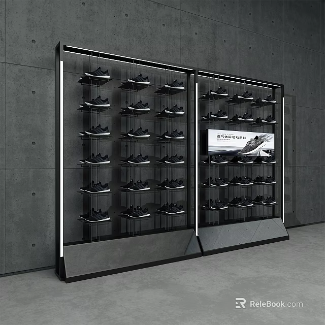 Black Shoe Cabinet with LED Lights and Display Screen Holding Multiple Shoes Against Gray Wall 3d model 