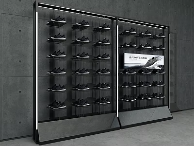 Black Shoe Cabinet with LED Lights and Display Screen Holding Multiple Shoes Against Gray Wall 3d model