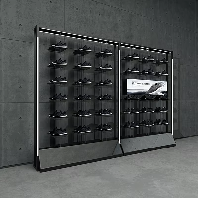 Black Shoe Cabinet with LED Lights and Display Screen Holding Multiple Shoes Against Gray Wall 3d model