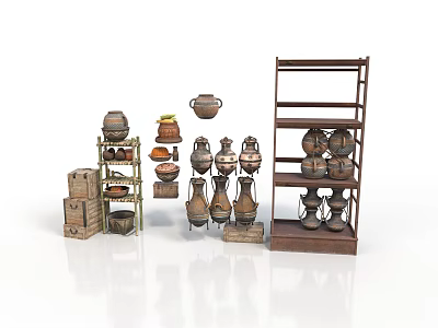 Traditional Clay Pottery Display With Various Vases And Wooden Shelves 3d model