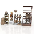 Traditional Clay Pottery Display With Various Vases And Wooden Shelves