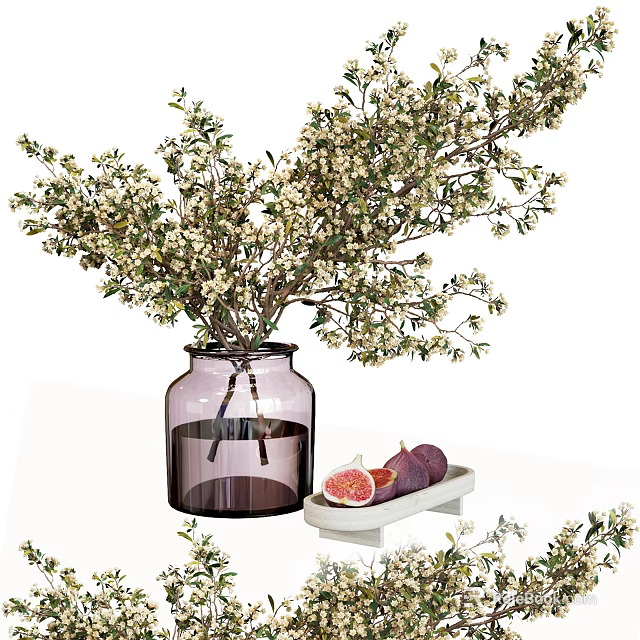 Purple Glass Vase With White Small Flowers Green Branches And Figs On White Tray 3d model 