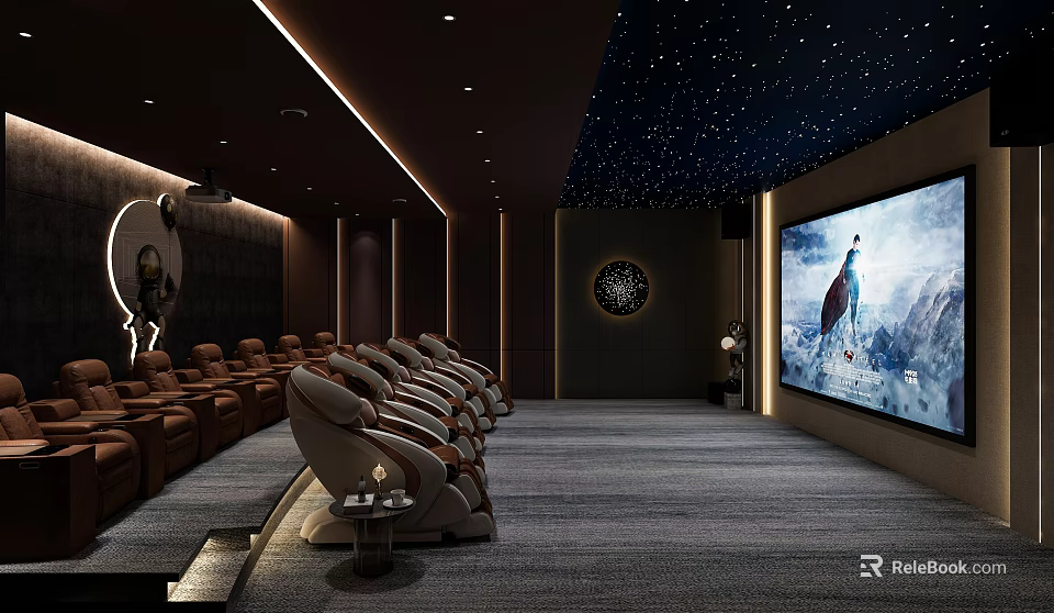 Modern Luxury Home Theater Interior Design With Starry Ceiling Leather Sofas And Large Screen 3d model