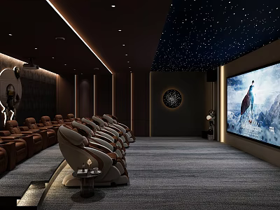 Modern Luxury Home Theater Interior Design With Starry Ceiling Leather Sofas And Large Screen 3d model