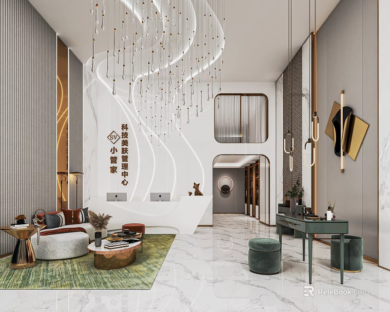 Luxury Modern Beauty Hair Salon Lobby With Chandelier Sofa Green Plants And Reception Desk 3d model 