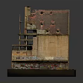 Cartoon Scene Featuring Dilapidated Wooden House with Multiple Floors Broken Roof Graffiti and Moss