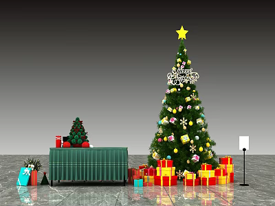 Christmas Photo Spot With Large Decorated Tree Star Top Small Tree And Gift Boxes 3d model