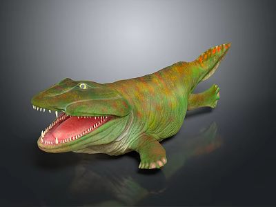 Realistic Prehistoric Reptile Dinosaur Model With Open Mouth Sharp Teeth And Green Orange Skin 3d model