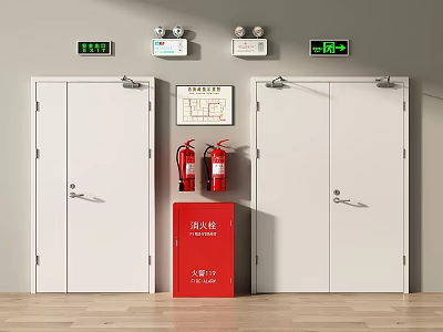 White Double Doors With Fire Extinguishers Red Cabinet And Safety Exit Signs 3d model