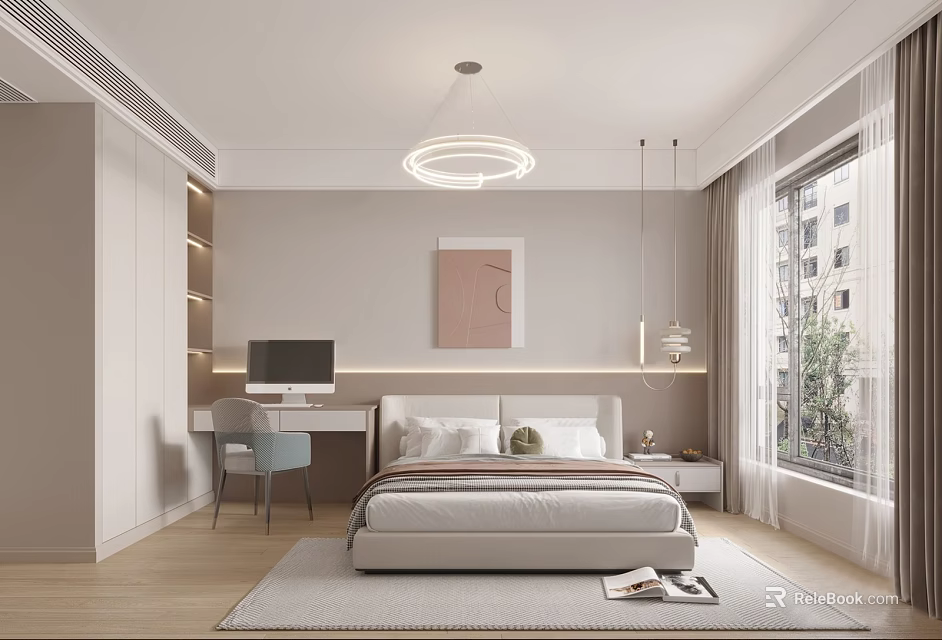 Modern Bedroom Interior Design With Bed Desk Chair Circular Chandelier And Wall Art 3d model 