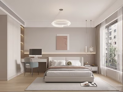 Modern Bedroom Interior Design With Bed Desk Chair Circular Chandelier And Wall Art 3d model