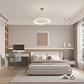 Modern Bedroom Interior Design With Bed Desk Chair Circular Chandelier And Wall Art