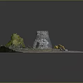 Old Stone Tower Ruin With Yellow Excavator And Green Vegetation On Dirt Ground
