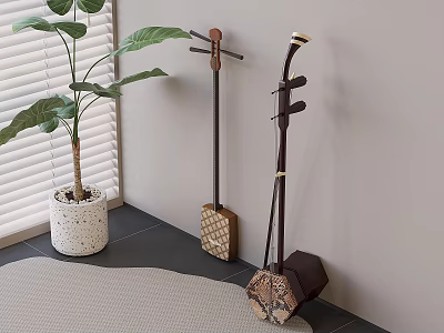 Chinese Traditional Erhu Instruments Placed in Indoor Corner With Green Plant Window Blinds And Carpet 3d model
