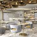 Elegant Modern Restaurant Interior With Gold Decorations Round Dining Table And Gray Sofa Chairs