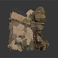 Rocky Stone Cliff With Wooden Tree Roots And Small Green Plants In Natural Environment