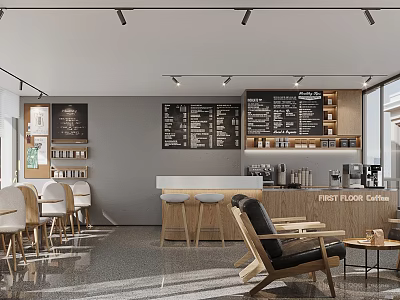 Modern Cafe Interior With Black Menu Boards Bar Counter And Wooden Chairs 3d model
