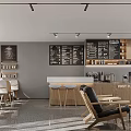 Modern Cafe Interior With Black Menu Boards Bar Counter And Wooden Chairs