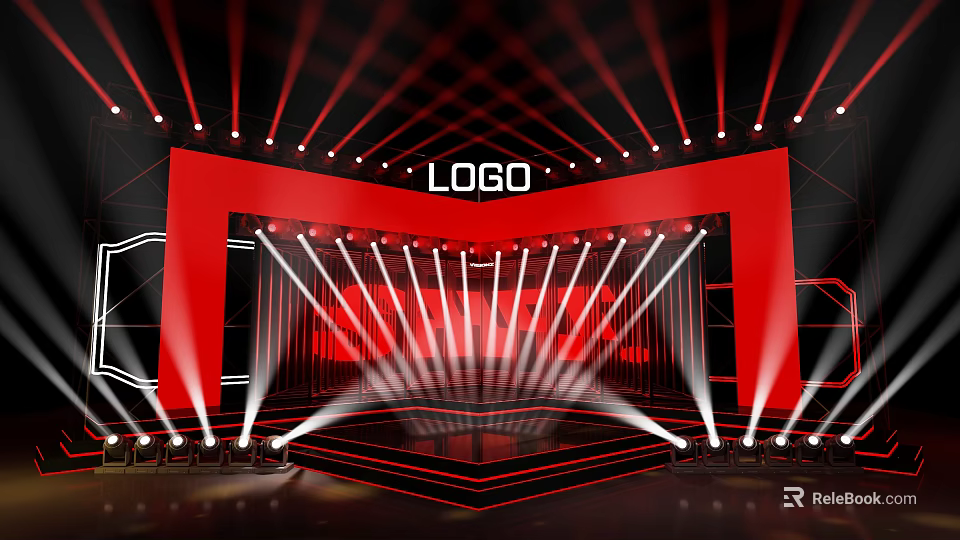 Professional Stage Lighting Equipment with Red Background and Logo on Concert Stage 3d model 