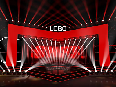 Professional Stage Lighting Equipment with Red Background and Logo on Concert Stage 3d model