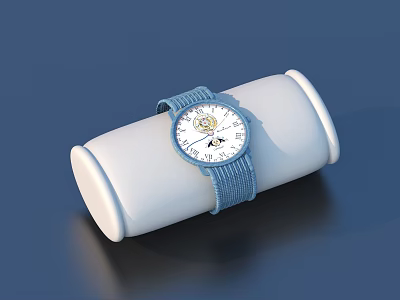 Stylish Minimalist Watch With Blue Woven Strap White Dial On Cylindrical Stand 3d model
