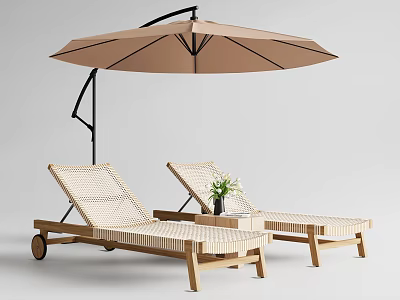 Woven Lounge Chairs With Wooden Frame Brown Umbrella Side Table Green Plant And Book 3d model