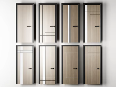 Various Modern Wooden Swing Doors With Black Frames And Handles 3d model