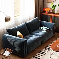 Deep Blue Double Seater Sofa With Accent Pillows Floor Lamp And Wooden Side Cabinet