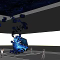 Blue Digital Art Installation With Floating Cubes And People In Modern Exhibition Space