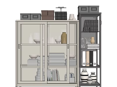 Decorative Cabinet With Glass Doors Showcasing Bowls Vase Books And Shelf With Binders Jars 3d model