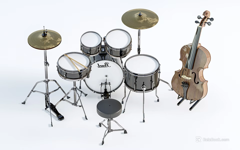 Studio Musical Instruments And Art Supplies With Drum Set Violin And Cymbals 3d model 