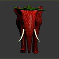 Red Elephant with White Polka Dots Green Antler Decoration and White Tusks on Dark Background