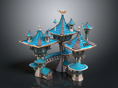 Fantasy Style Castle Architecture With Multiple Blue Roof Towers And Decorative Spires 3d model