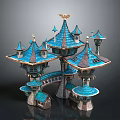Fantasy Style Castle Architecture With Multiple Blue Roof Towers And Decorative Spires