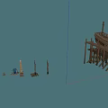 Cartoon Scene With Wooden Structure Small Decorations Flags And Stone Objects