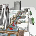 Modern Commercial Street With Pedestrian Walkway Water Pools And Stylish Buildings