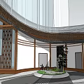 Modern Curved Architectural Structure With Metal Frame And Wooden Canopy Over Green Landscape