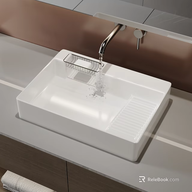 White Ceramic Countertop Washbasin with Silver Faucet and Metal Drainer in Modern Bathroom Water Dripping 3d model 