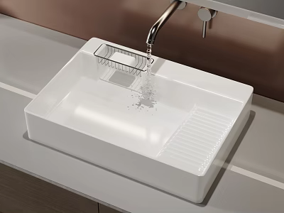 White Ceramic Countertop Washbasin with Silver Faucet and Metal Drainer in Modern Bathroom Water Dripping 3d model
