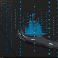 Mechanical Hand Holding Holographic Building Model With Flowing Binary Code