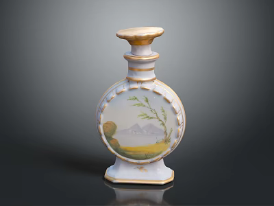 Ceramic Decorative Bottle With Painted Landscape Green Branch And Gold Accents 3d model